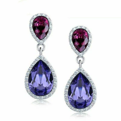 White Gold Silver Plated Pink & Purple CZ Crystal Teardrop Stud Dangle Earrings - Image 1 of 2
