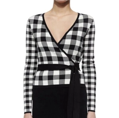 Suéter Diane Von Furstenberg DVF Kyla envolvente bailarina de seda P XS negro blanco $348 Foto 1 de 4