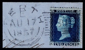 1855 2d Blue SG 34 Pl 5 CB Major RE-ENTRY Tied PERTH Piece VFU Cat. £112.50 - Picture 1 of 1