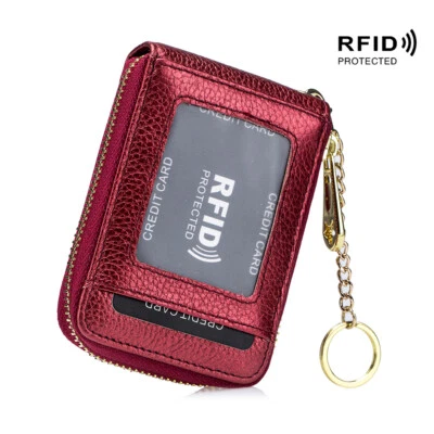 Portatarjetas de crédito de cuero RFID con cremallera estuche para tarjetas llavero billetera pequeña para mujer Foto 1 de 4