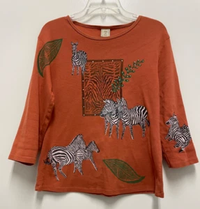 JESS & JANE TOP-Rust Cotton Knit, 3/4 Sleeve, Zebra, Embellished Pullover Medium - Picture 1 of 7