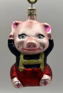 One Little Pig Blue Shirt Blown Glass Glitter Ornament Czech Republic 4”Hx2”W - Picture 1 of 8