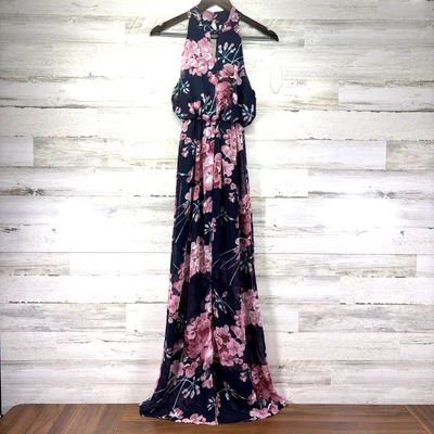 Vestido maxi Sienna céu azul marinho e rosa floral gola alta blusa chiffon tamanho M - Imagem 1 de 4