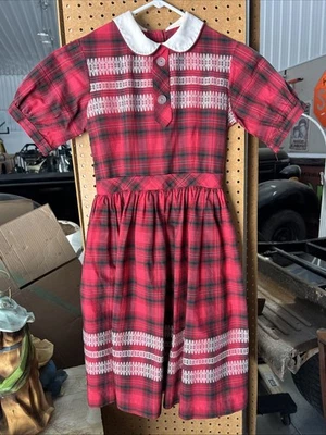 Vintage Girls Red And Black Plaid Dress With White Collar/Stitching (homemade?) - Image 1 of 4