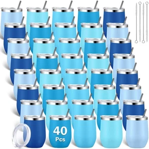 40 Pack Insulated Tumbler 12oz Stainless Wine Coffee Cups & Lids Straws Blue - Picture 1 of 7
