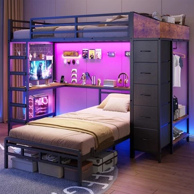 Bunk Bed Twin Over Twin with Hall Tree, L-Shaped Bunk Bed with Desk, 5 Drawers - Image 1 of 4