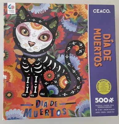 Dia De Muertos Jigsaw Puzzle Day of The Dead Cat Sugar Skull Mexican 500 Pieces - Image 1 of 4