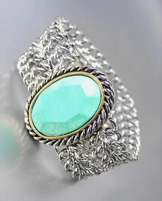 CHUNKY Designer Turquoise Silver Cable Medallion Chain Magnetic Clasp Bracelet - Image 1 of 3