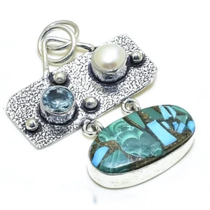 Copper Malachite Turquoise, Pearl 925 Silver Fashion Jewelry Pendant 1.9" RP388 - Picture 1 of 3