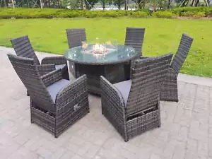 Fimous Rattan Garden Furniture Gas Fire Pit Oblong Round Dining Table and Chairs - Picture 1 of 24