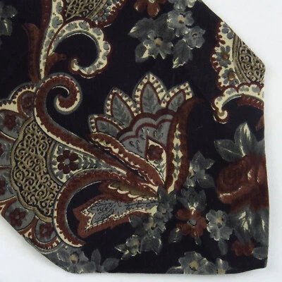 Henry Grethel 男式领带黑色灰色棕色花卉佩斯利 100% 真丝 56x3.75 — 第 1/4 张图片