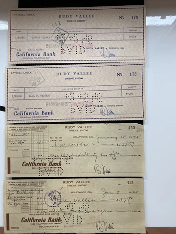 4 PC LOT- from RUDY VALLEE -Drene Show- 1945 -1946  SIGNED CHECKS Hollywood Cover