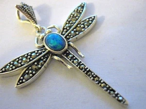 Sterling Silver marcasite Turquoise blue green Fire opal Dragonfly bug Pendant - Picture 1 of 11