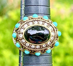 Heidi Daus Dramatic Turquoise & Black Oval Ring Size 9 Clear Swarovski Crystals - Picture 1 of 9