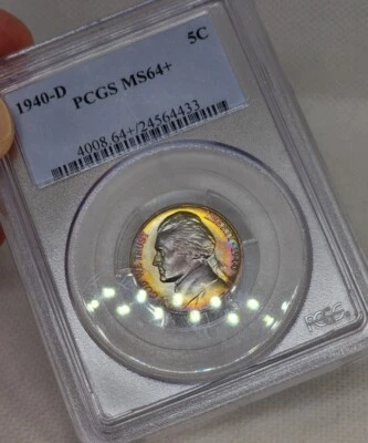1940 D Jefferson Nickel PCGS MS64+ Plus Grade Rainbow Toned Old Holder Toning - Image 1 of 4