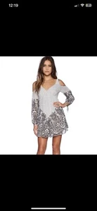 FREE PEOPLE Large ‘Penny Lover Mini Dress’ Cold Shoulder BOHO Blue Ivory - Picture 1 of 10