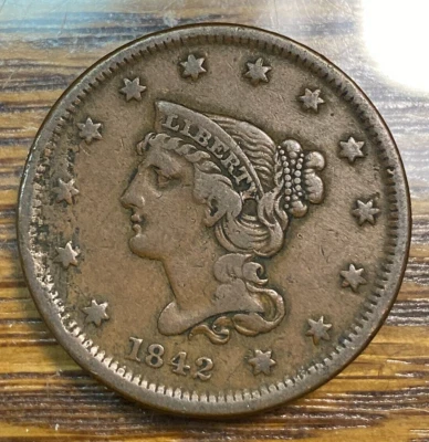 1842 Tougher Small Date Large Cent Nice Light Brown VF w/Lamination CHN - Image 1 of 2