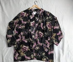 Susan Graver Cardigan Black & Pink Floral Kimono Oriental Jacket Womens 2X - Picture 1 of 9