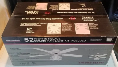 Vtg Montgomery Ward 52" White Ceiling Fan ~ 5 Blade Light Kit ~ NOS Factory Seal - Image 1 of 4