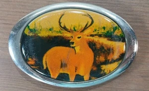 VINTAGE 1987 **PAINTING OF A DEER** POLISHED CHROME OVER BRASS BUCKLE - Picture 1 of 5