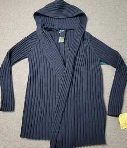 Lauren Ralph Lauren Damen Medium Navy Ribbed Hooded Belted Cardigan Sweater - Bild 1 von 9