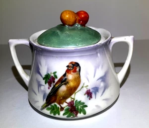 Rare Antique 1800's Leuchtenburg Germany sugar bowl hand painted birds fruit - Picture 1 of 14