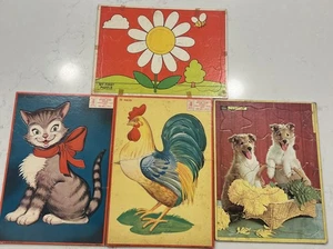 Lot 4 Vintage Milton Bradley Puzzle Aptitude Cat Dog Rooster Flower MB 1955 1957 - Picture 1 of 14