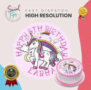 TORTA TOPPER COMPLEANNO COMMESTIBILE TONDO UNICORNO DECORAZIONE PERSONALIZZATA - Foto 1 di 1