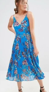 Oasis Blue Tropical Floral Pleated Midi Dress Cami Chain Belt Tassles 12 14 READ - Picture 1 of 21
