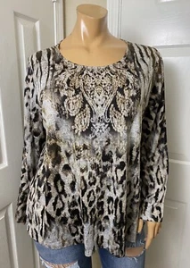 Cato Damen Strickbluse Größe 22/24 Braun Gold Animalprint Langarm Oberteil  - Bild 1 von 6
