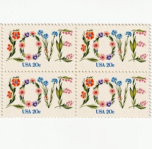 US #1951 LOVE WRITTEN IN FLOWERS 20c (1982) - Single Block of 4 Stamps, MNH - Picture 1 of 3