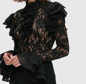 NWT Latest LEOLIN Anna black lace ruffles long sleeves blouse sz S, retail $345! - Picture 1 of 12