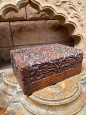 Antique Old Rare Wooden Hand Carved Floral Beautiful Box - Image 1 of 4