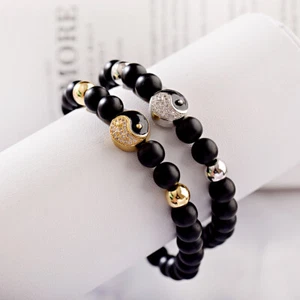 Men Women Natural Matte Onyx Beads Stone Yin Yang Beaded Couple Bracelet Jewelry - Picture 1 of 29