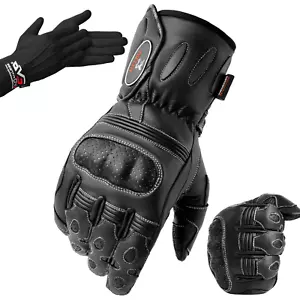 MENS CARBON KNUCKLE WINTER MOTORBIKE MOTORCYCLE LEATHER GLOVES WATERPROOF WIND - Picture 1 of 7