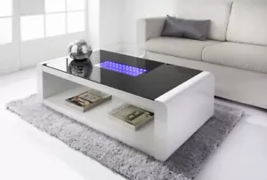 LED High Gloss Coffee Table White With Glass Top Modern Rectangular - Picture 1 of 4
