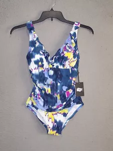 DKNY Swimsuit Womens 6 Blue One Piece Ruffles Logo Adjustable Straps Ladies - Picture 1 of 13