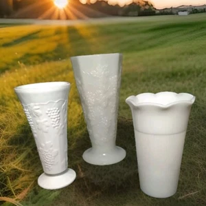 White Milk Glass Flower Vases 9.5"H 7.75"H 6.75"H Set of 3 Vintage - Picture 1 of 10