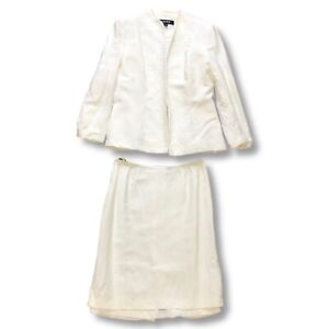 Kasper Three Piece Career Suit Women's Size 8 White Linen Textured Jacket Skirt