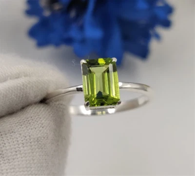 Lab Created Green Peridot Ring, Octagon Cut Ring, August Birthstone Ring - Image 1 of 4
