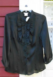 Fred David NWT Long Sleeve Black Ruffled Button Down Polyester Shirt Small (39") - Picture 1 of 4
