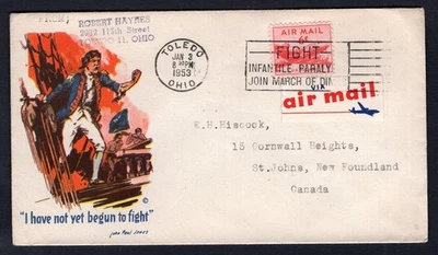 EE. UU. Toledo Ohio 1953 cubierta patriótica a Terranova. Minkus Cachet Foto 1 de 2