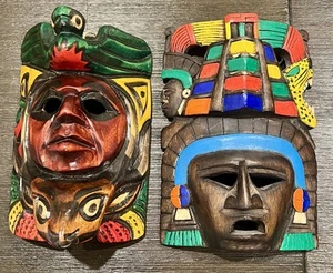 Handmade Mayan Aztecs Wooden Masks Hand Painted Vintage Lot Of 2 - Picture 1 of 9