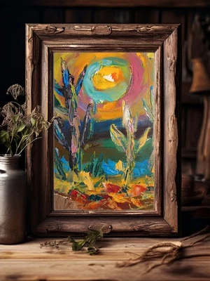 Impasto Cactus Desert Oil Painting - handmade Mexican cacti trippy art 5x7" - Image 1 of 4