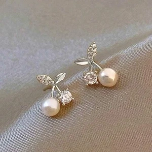 White Pearl CZ Cherry Earrings In Silver - Picture 1 of 4