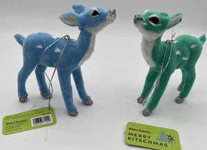2 beflockte Hirsch Ornamente Neu mit Etikett (blau, grün) - Bild 1 von 4