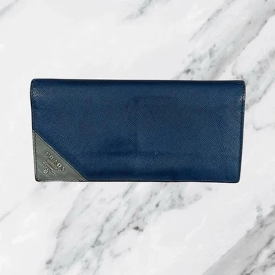 Prada Navy Saffiano Leather Continental Wallet With Silver Corner Logo - Image 1 of 4