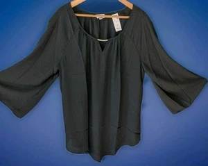 Dressy Black Crepe Avenue Open Neck Blouse with Chrome Bar At Keyhole Sz 16 New - Picture 1 of 5