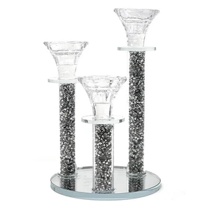 Allgala 9" 3-Pillar Crystal Candlesticks with Mirror Base, Silver - Picture 1 of 1