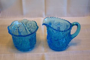 Kemple EAPG Yutec Dark Blue Pressed Glass Open Sugar & Creamer Set See Pics - Picture 1 of 5